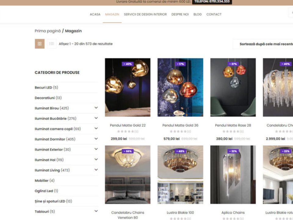 The homepage of a website showing different types of lighting.