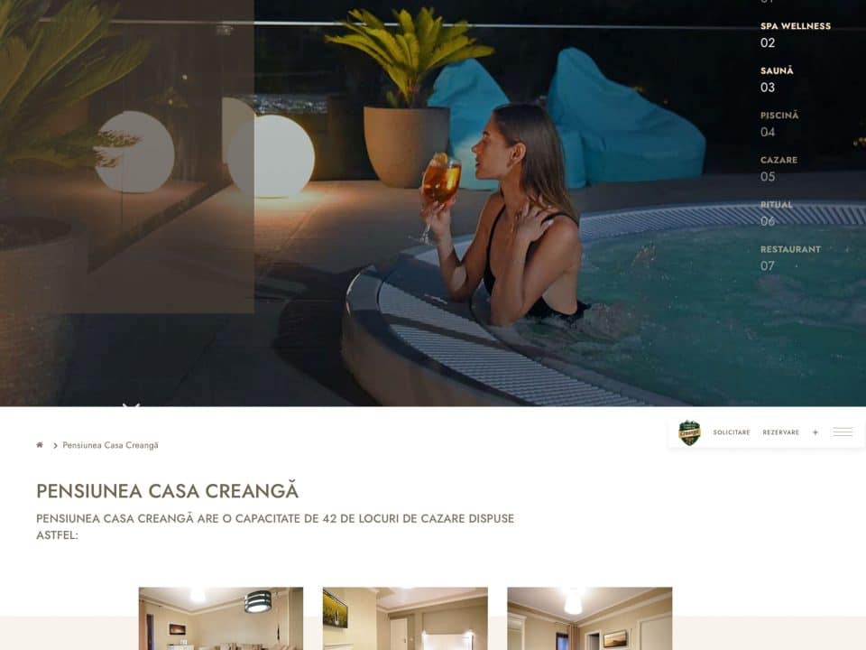 A hotel website with a woman sitting in a hot tub.